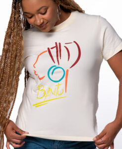 BanTu Queen t-shirt design featuring minimalist African woman silhouette with crown-like hair and circular earring representing feminine strength and cultural heritage 3