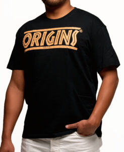 ORIGINS black and gold t-shirt featuring raw hand-lettered tribal seal design celebrating African roots as precious golden legacy and ancestral pride