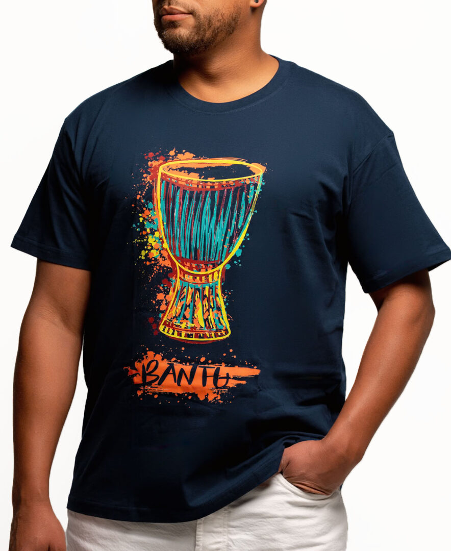 Tam-Tam African drum t-shirt design featuring vibrant colorful traditional drum symbol representing unity, cultural call and community gathering heritage